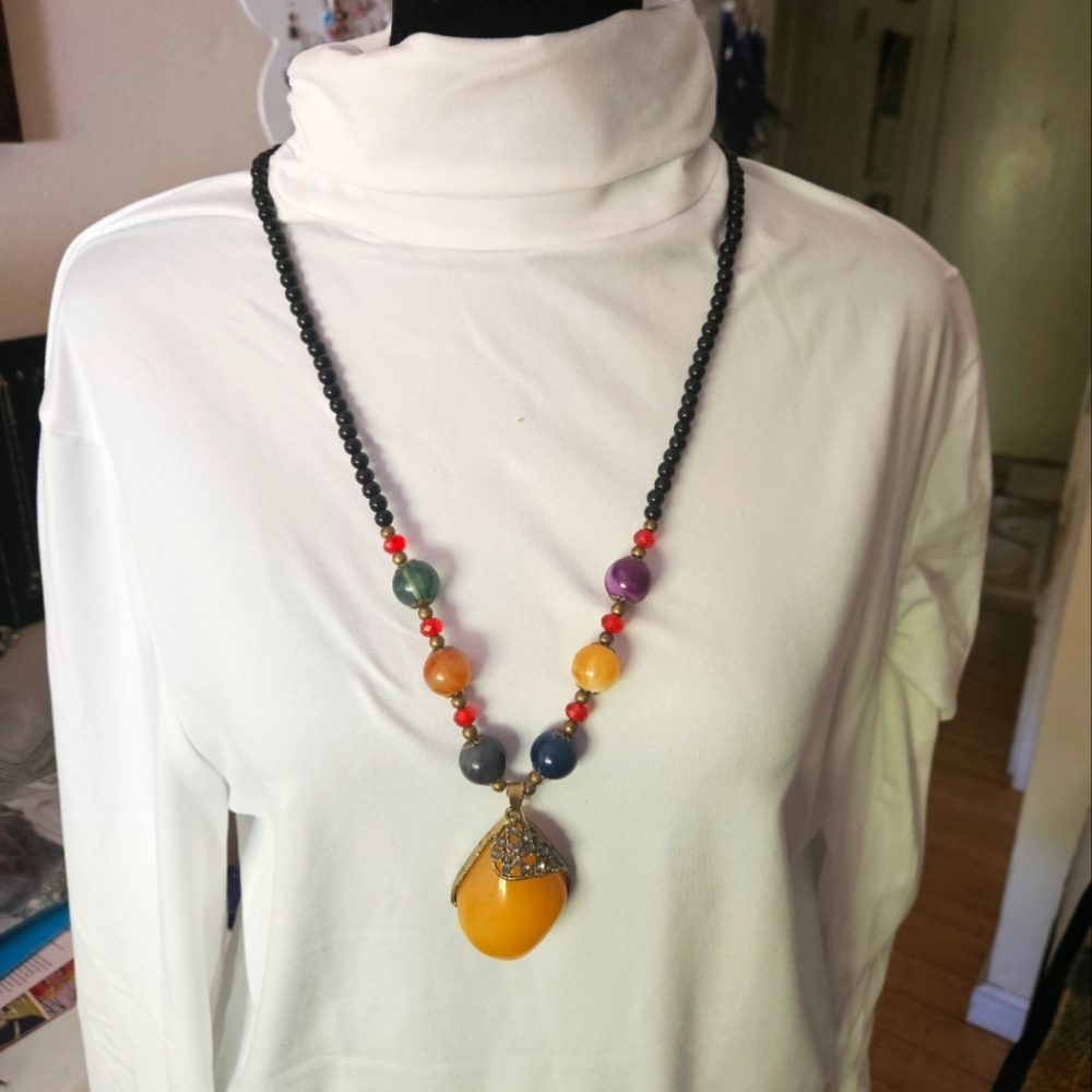 Multicolor Beaded Necklace with Yellow Pendant